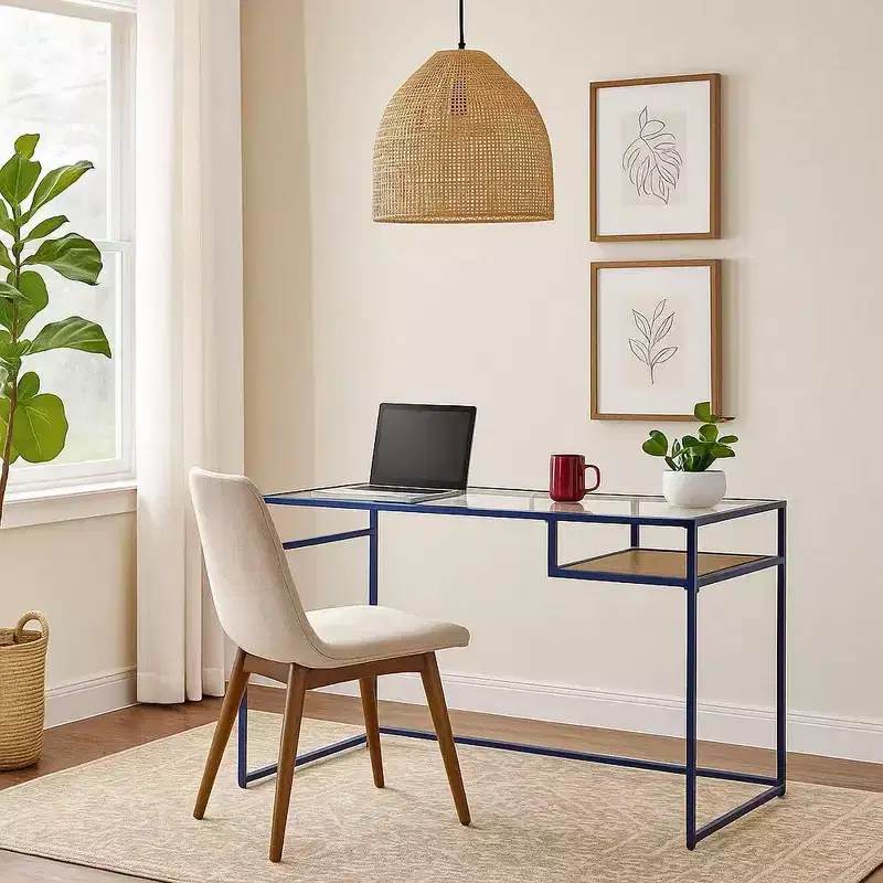 Royal Hampton Rectangular Glass Top Desk with Open Compartment and Sled Base, Blue