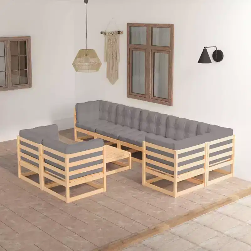 vidaXL Garden Lounge Set Natural Wood, Grey Cushions