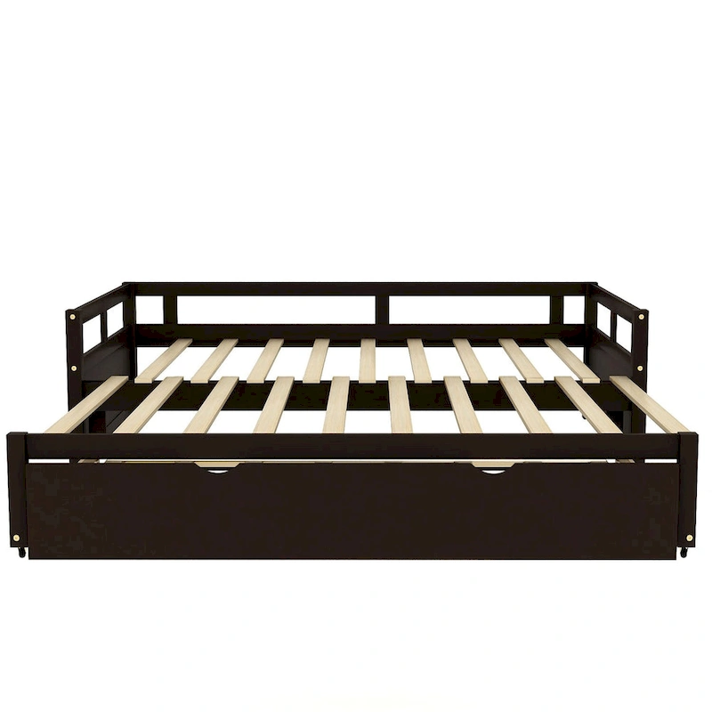Black Extendable Twin Pine Daybed with Trundle - Sturdy Frame and Slat Kit Included