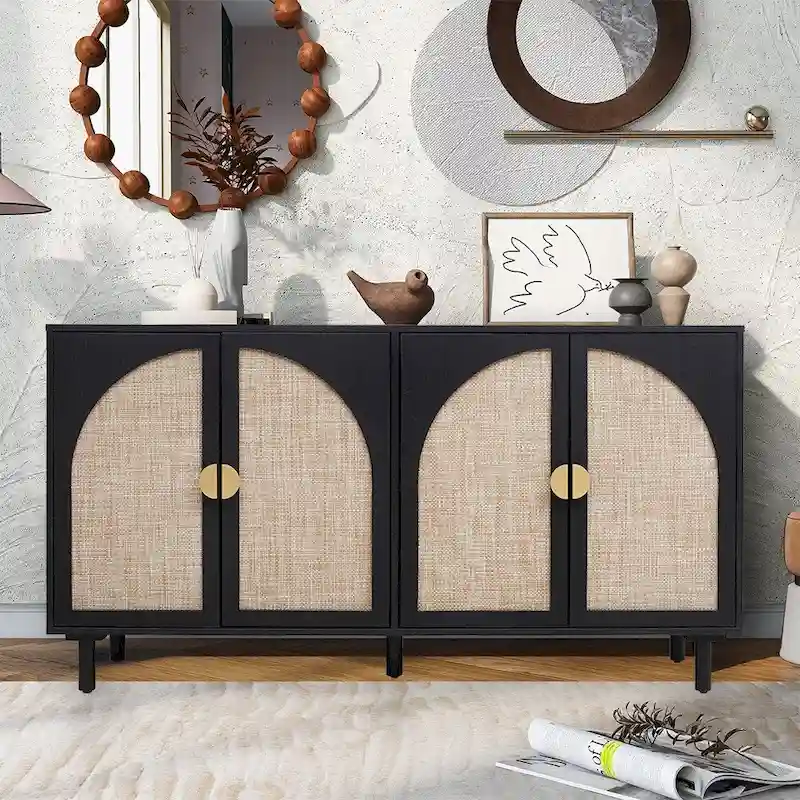 Natural Rattan 4-Door Storage Cabinet with Adjustable Shelves