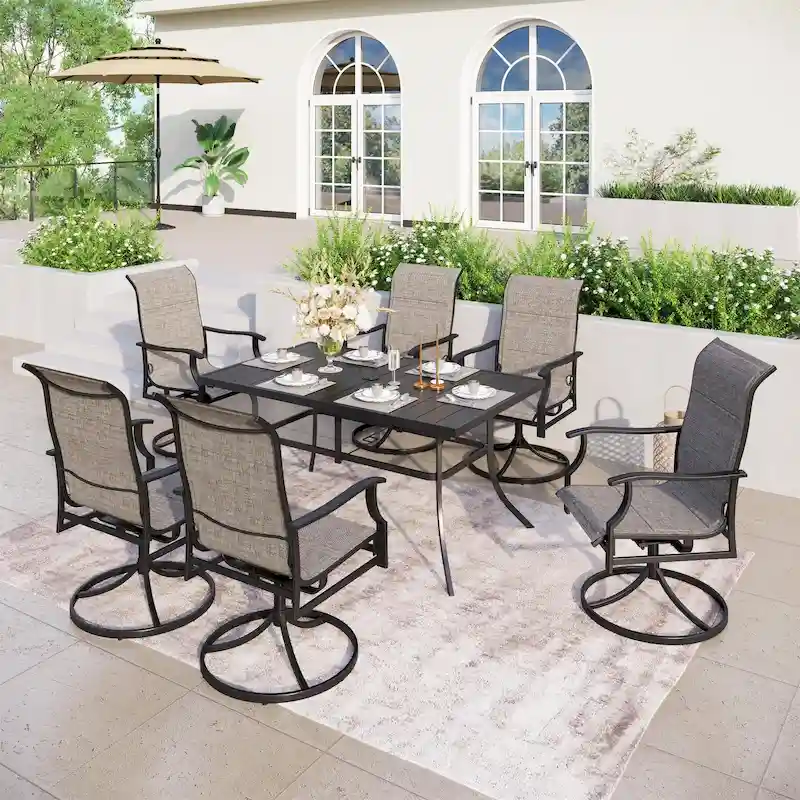 MAISON ARTS 7 Pieces Patio Dining Set, 6 x Swivel Dining Textilene Padded Chairs and 1 Metal Table with Umbrella Hole