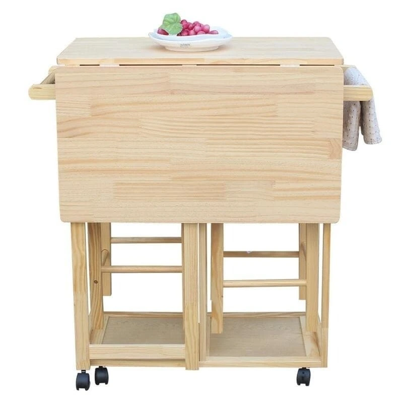 Square Solid Wood Folding Dining Cart with 2 Free Stools Natural