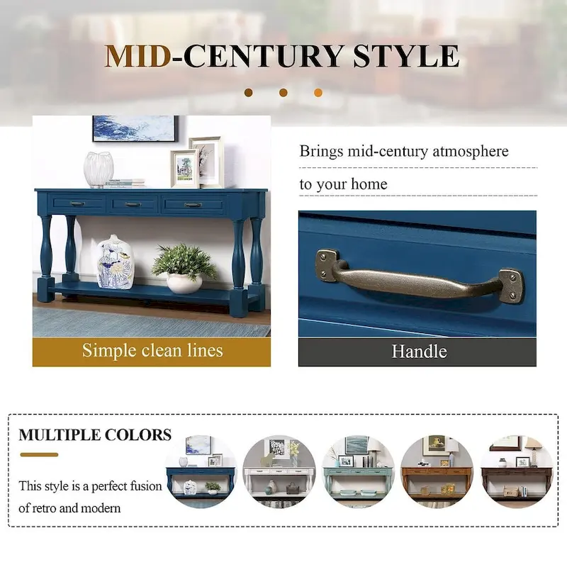 Solid Wood Console Table - Antique White/Blue/Navy/Espresso/Brown, Mid-Century Style, Multi-User