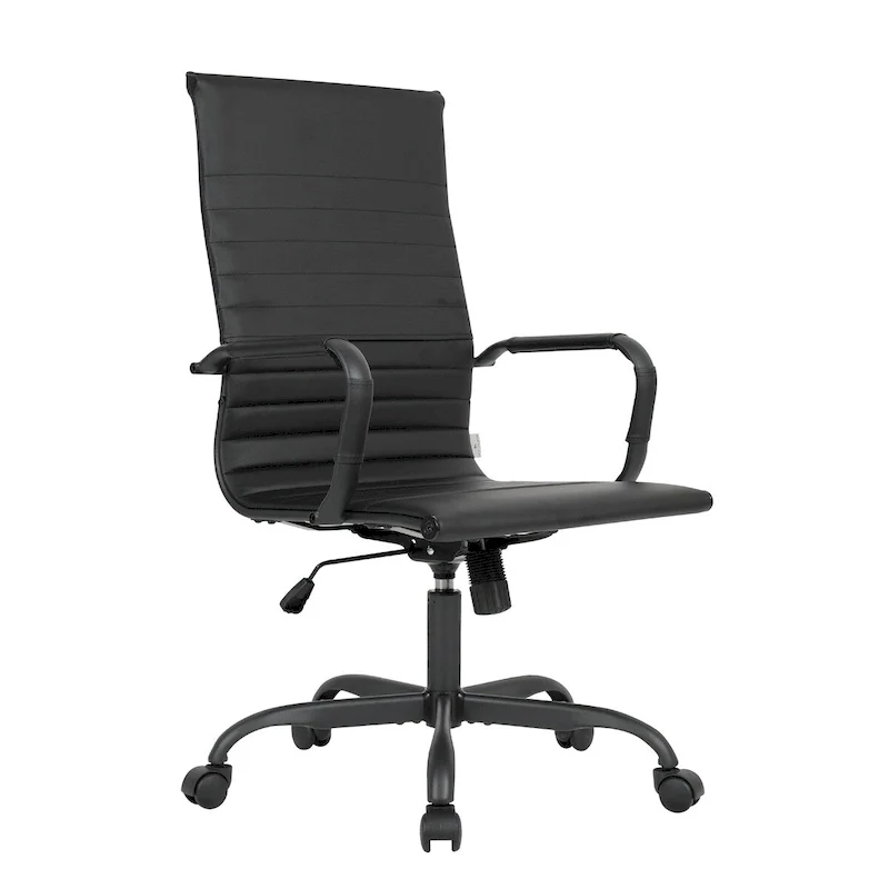 Ribbed Leather Adjustable High-Back Office Swivel Chair in Black Metal Frame