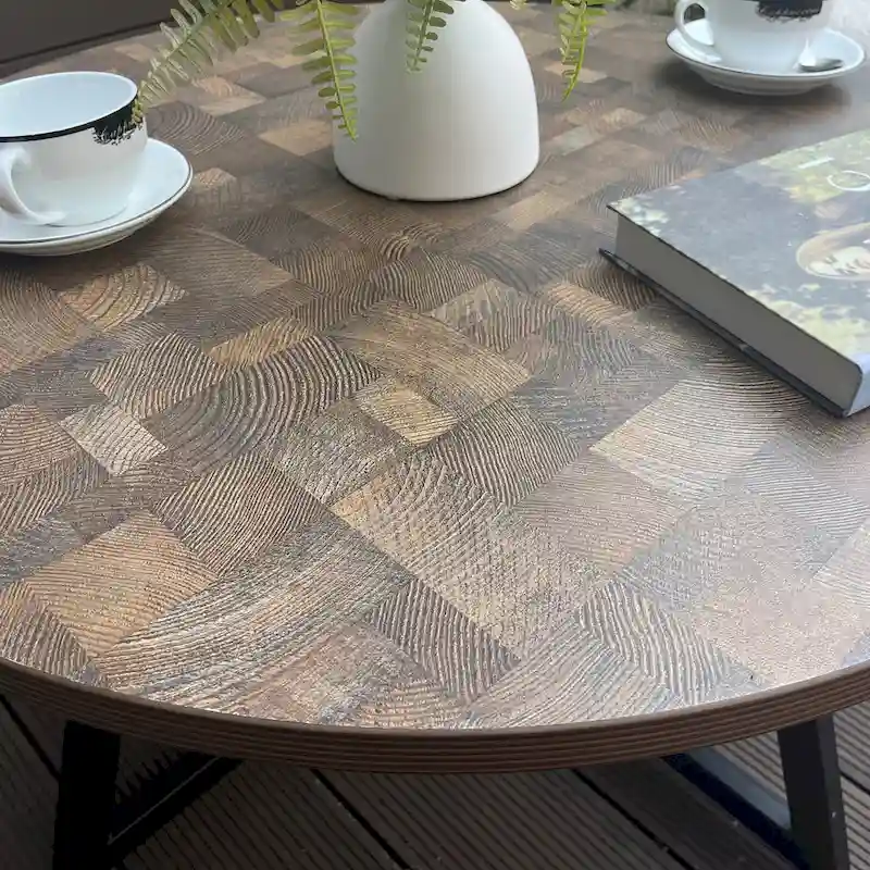 Round Coffee Table Wood Grain and Black Metal