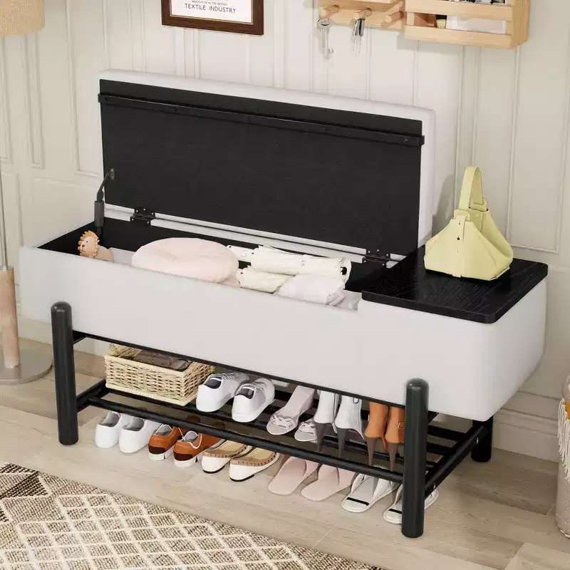 GDFStudio Judd Farmhouse Upholstered Storage Bench with Hidden Compartment and Rubber Wood Legs