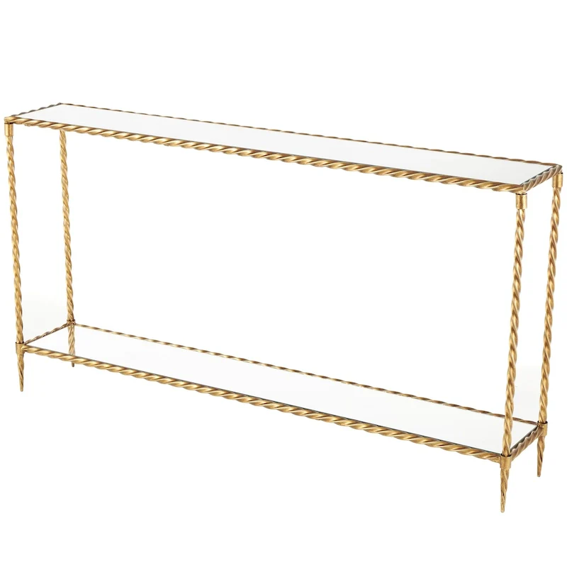 Gold Metal Twisted Rope Console Table with Mirrored Glass Top & Shelf – Contemporary Style, Entryway Use