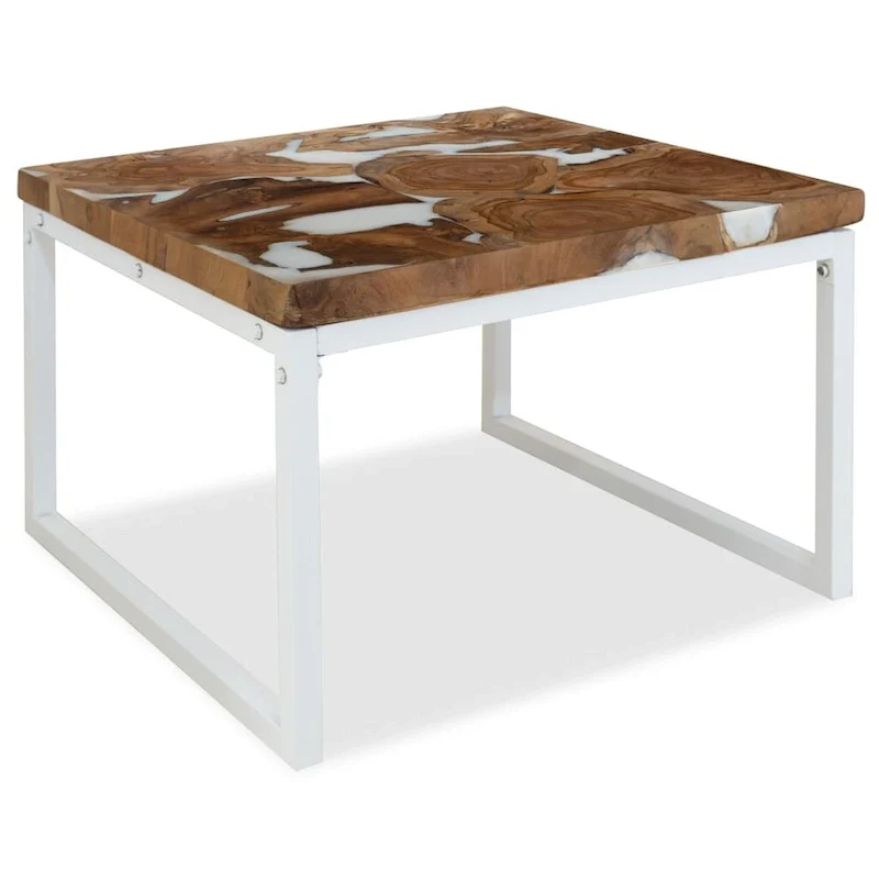Teak & Resin Coffee Table, White Steel Frame, 1-Person Side Table