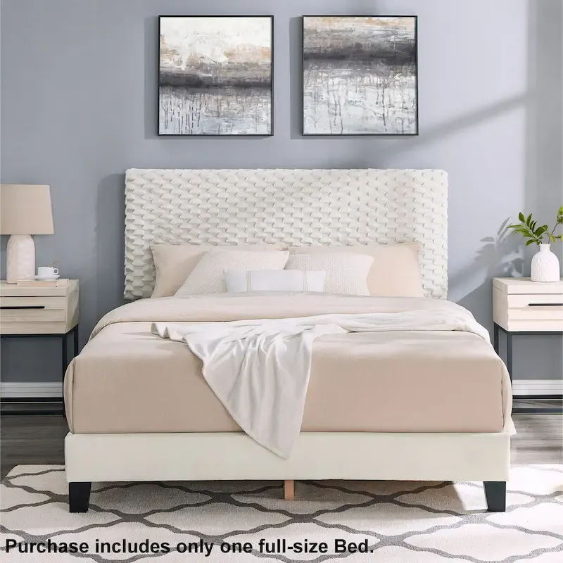 Plush 3D Upholstered Platform Bed in White Dove