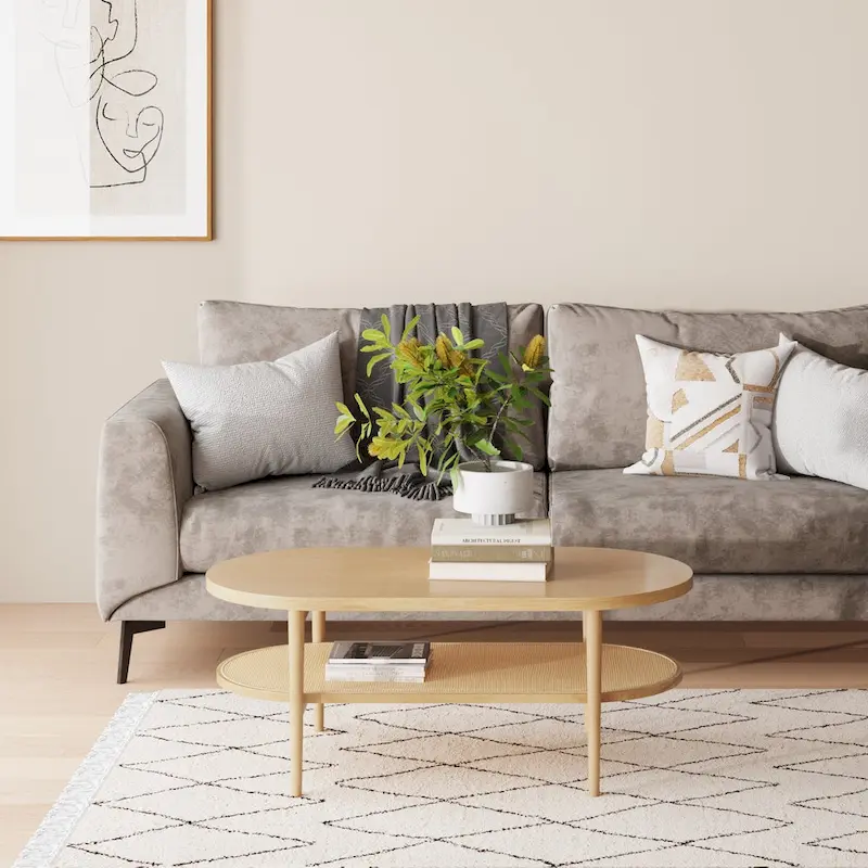 Nathan James Sonia Bohemian 2-Tier Oval Cane Coffee Table in Light Wood With Rattan Storage Shelf