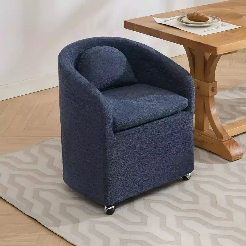 Set of 1 Chenille Fabric Dining Armchair With Back Cushion and Universal Wheels,Beige