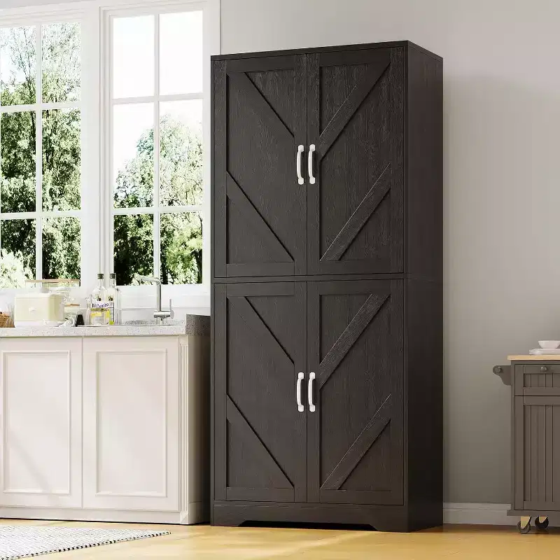 69 Farmhouse Kitchen Pantry Storage Cabinet with 4 Doors & 2 Adjustable Shelves, Freestanding Cupboard for Dining Room, Living Room, Black or White