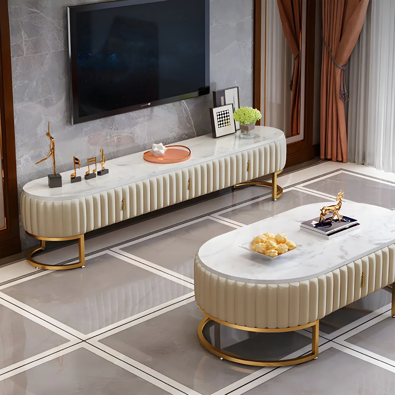 Nordic Grey Marble Pleated Front TV Stand with Gold Base