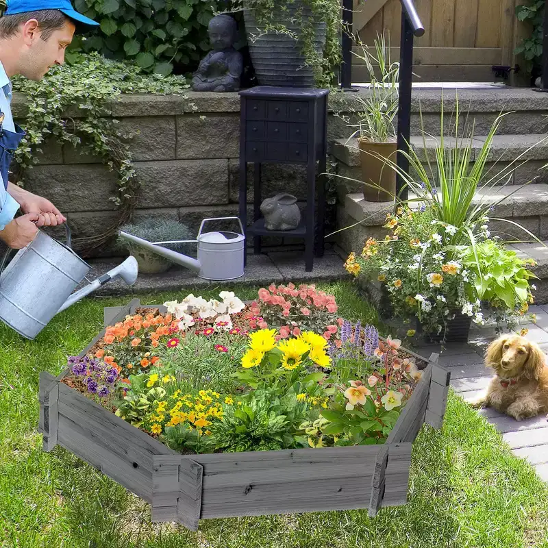 Outsunny 39 x 36 x 6 Gray Hexagon Wooden Raised Garden Bed for Vegetables, Herbs & Flowers for Patio Balcony Porch Entryway Shelf Display