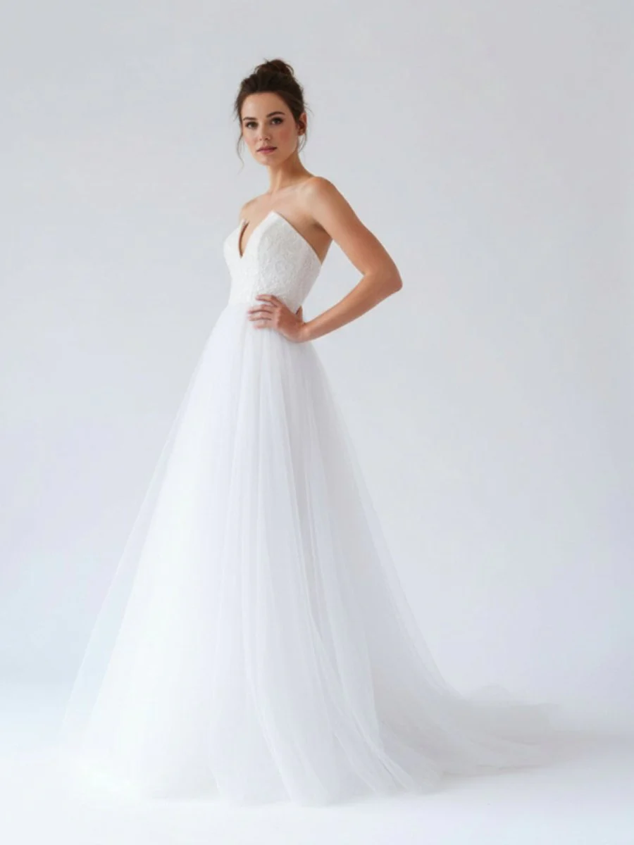 V Neck Sleeveless A-Line Long Tulle Backless White Wedding Dress