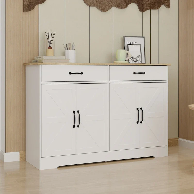 Brown / White Farmhouse Buffet Sideboard with 2 Drawers & 4 Doors
