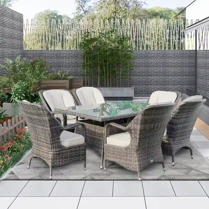 Modern 7-piece Outdoor Rectangular Wicker Aluminum Dining Set with 6 Chairs