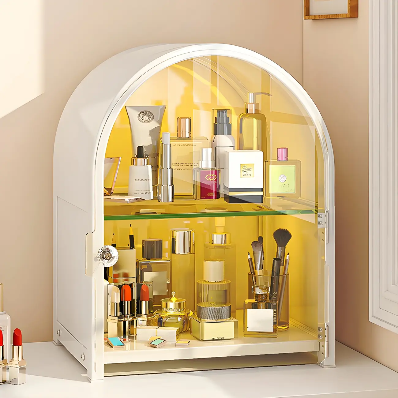 Adjustable Steel Arch Glass Shelf Display Cabinet with Light