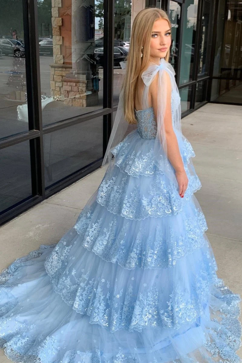 Light Blue Tulle Appliques Tying Strap Ruffle Tiered Long Prom Dress