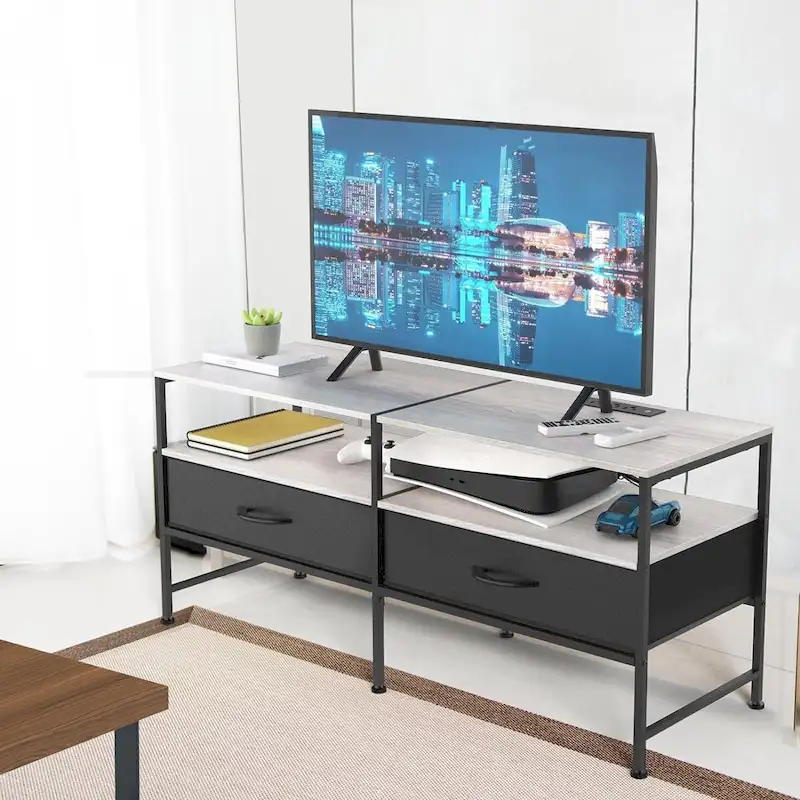 Grey / Black / Brown TV Stand with Open Shelves & Cloth Drawers, Fits up to 50