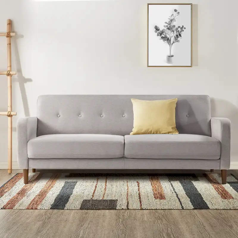 Grey / Ivory / Heather Blue Tufted Linen Sofa with Armrest Pockets — 2-Seat
