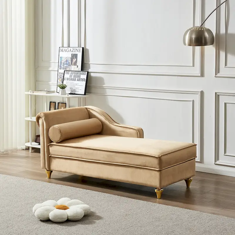 Velvet Chaise Lounge Chair with Storage – Beige / Khaki / Navy Blue, Single