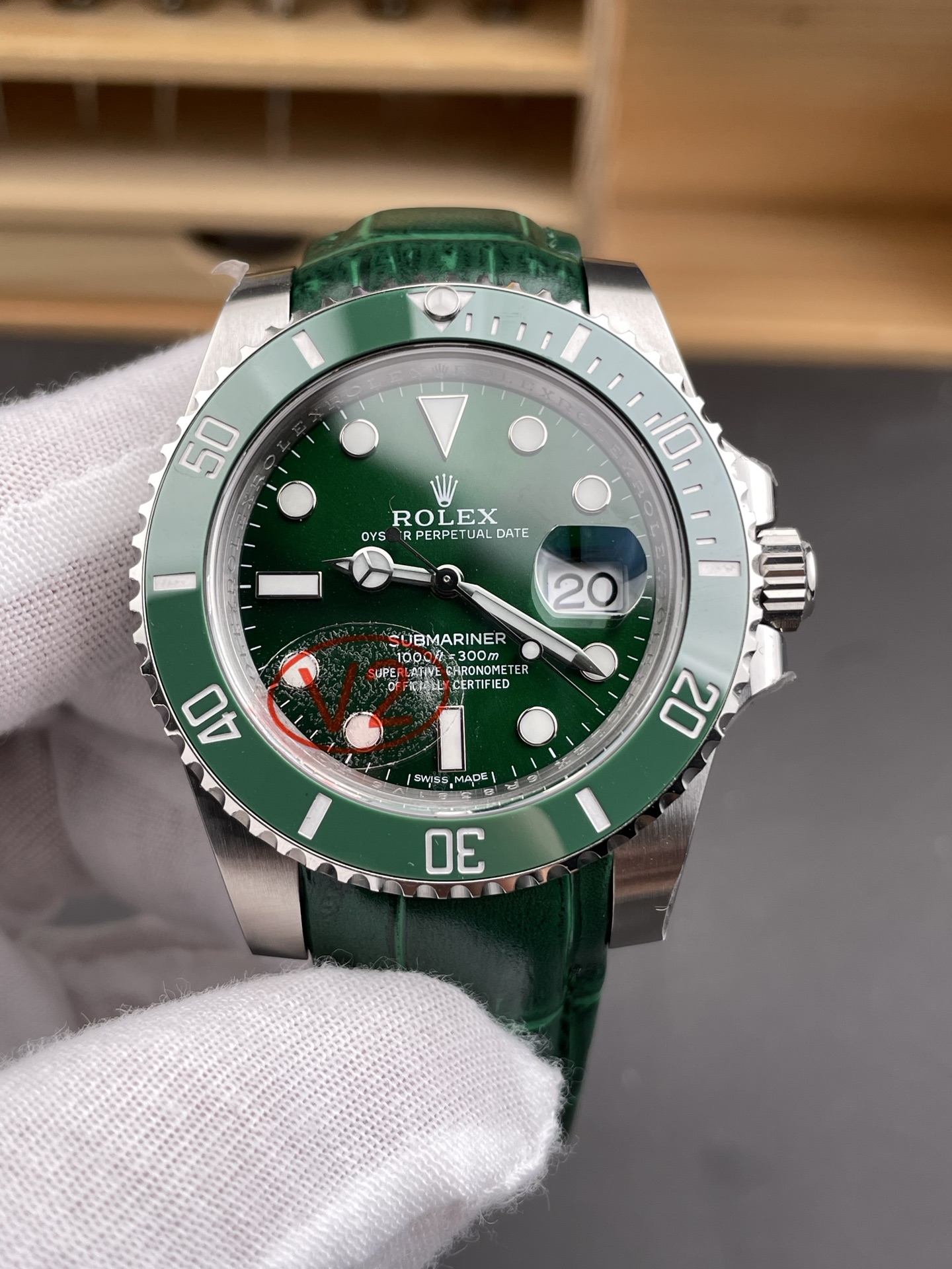 Green Rolex Submariner replica front dial view