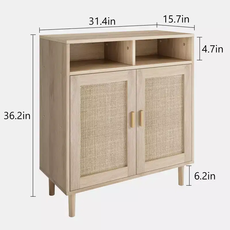 36.2 Modern Rattan Sideboard Cabinet. Dual Rattan Doors & Open Compartments. Wood Legs for Living Room & Kitchen Storage