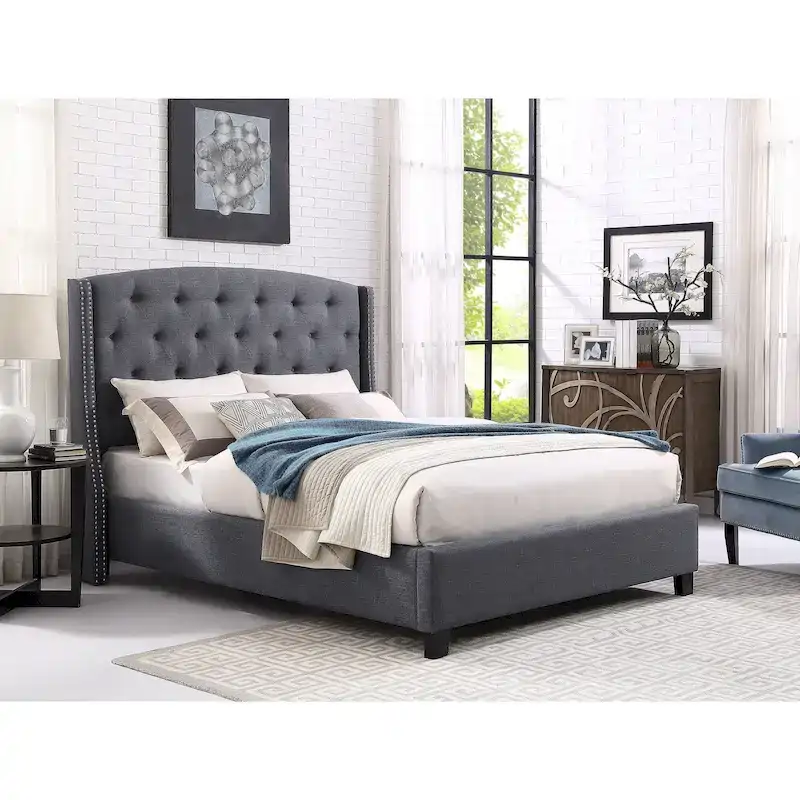Gray/Beige/Blue Wingback Platform Bed, Button Tufted, King, Sleeps 2