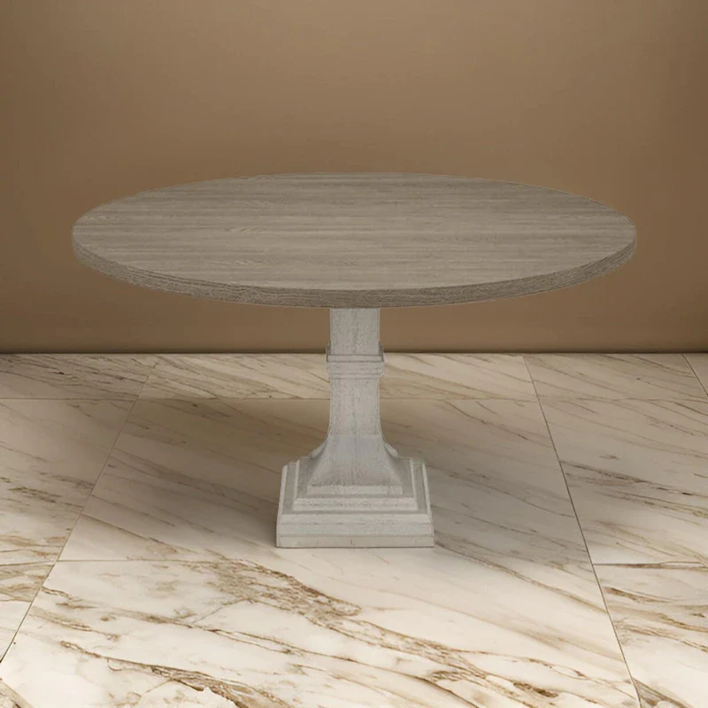 Sane 59 Inch Dining Table, Round Top with Pedestal Base, White, Gray