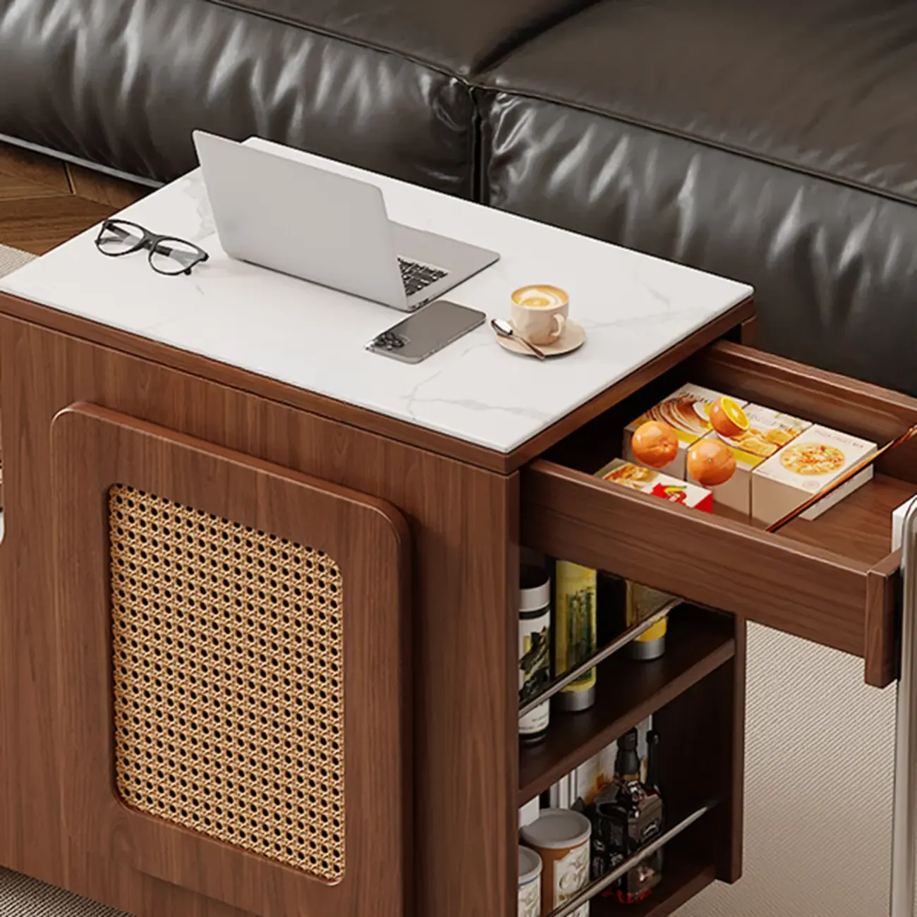 Multifunctional Sintered Stone Top Wheeled Cart Side Table