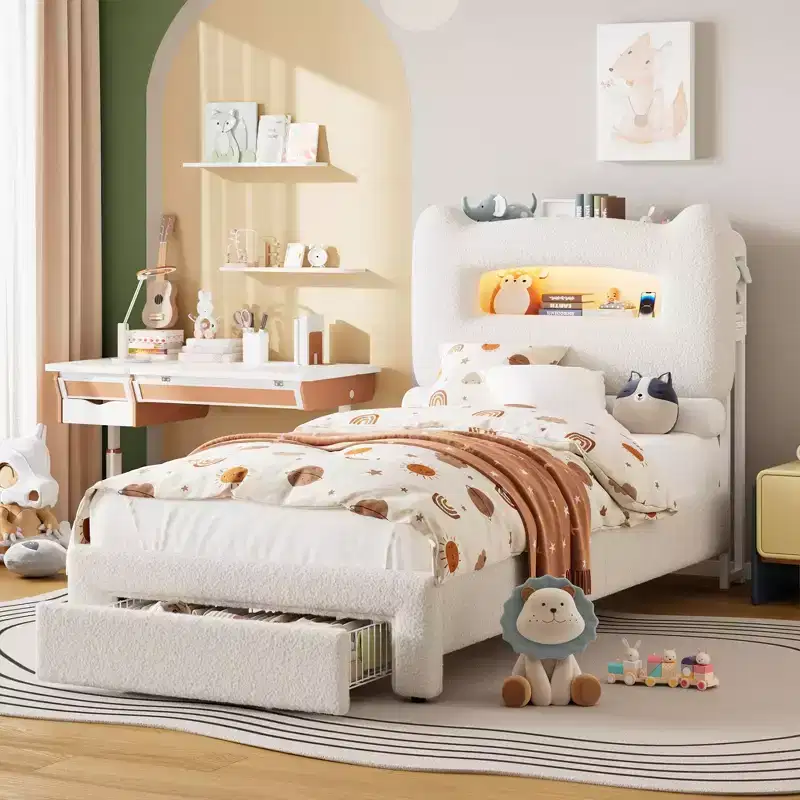 Upholstered Twin Bed Frame with 2-Tier Storage Headboard, LED Platform Bed with Charging Station and Drawer for Kids/Girls/Boys, No Box Spring Needed