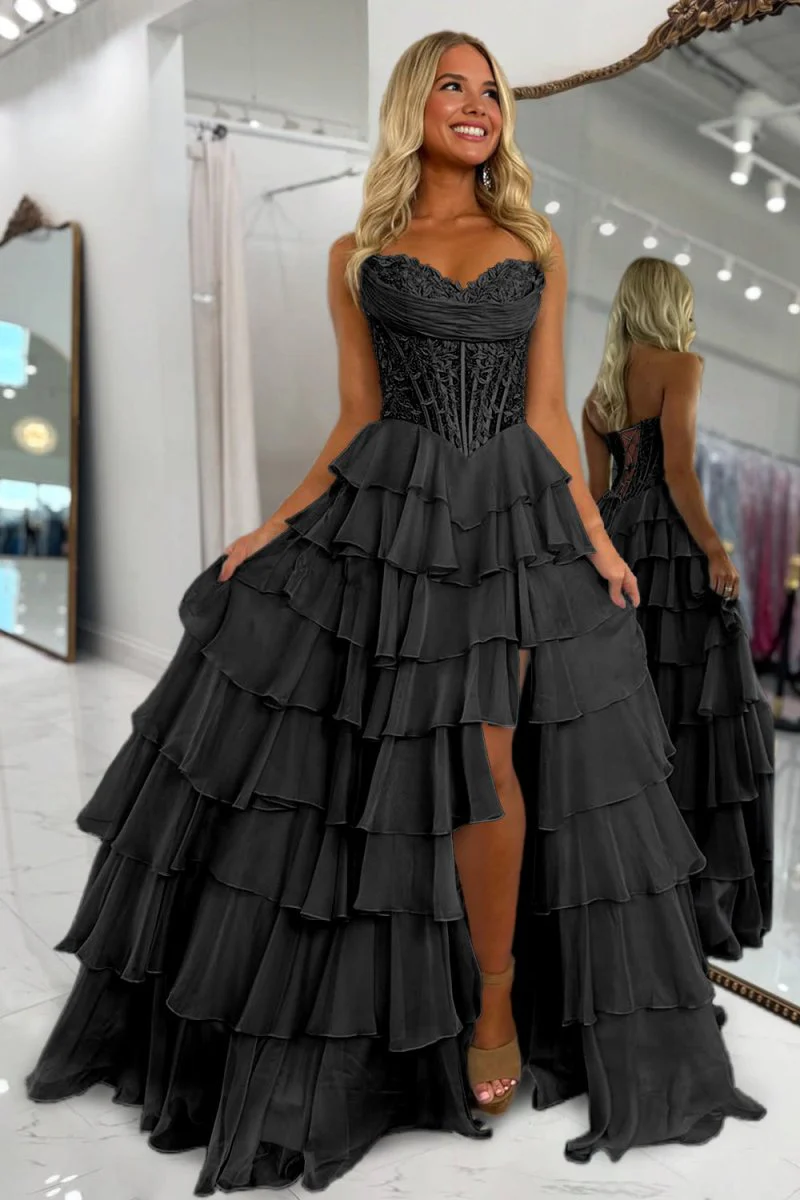 Black - Strapless A Line Chiffon Ruffled Prom Dresses With Appliques
