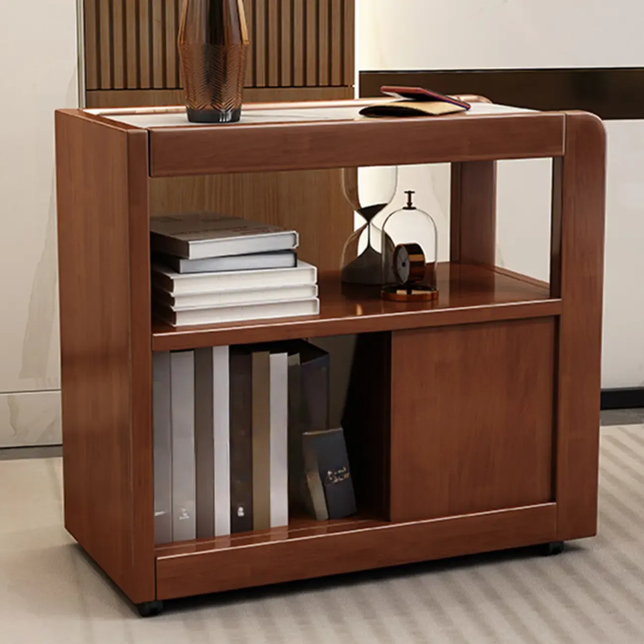 Narrow Sintered Stone Top Wheeled Side Table with Drawers