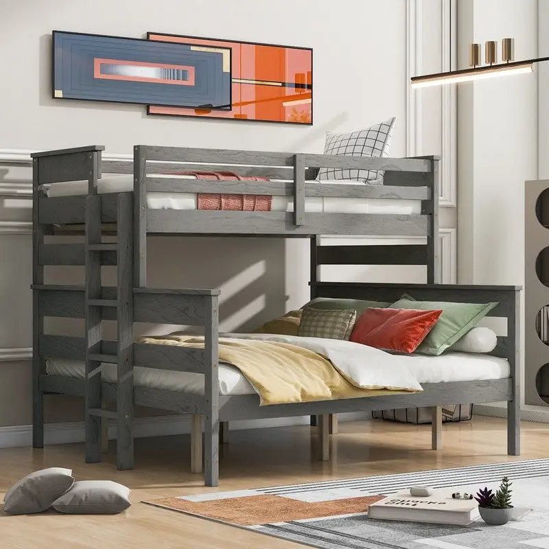 Gray / White Twin XL over Queen Bunk Bed with Ladder, 2-Person