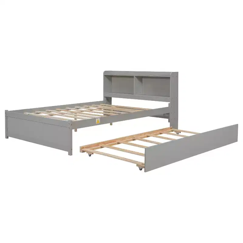 Gray Full Platform Bed with Trundle & Bookcase, 1-Person