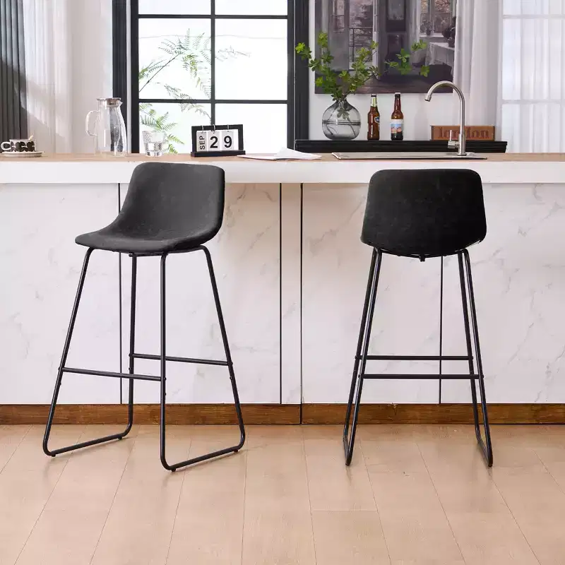 FERPIT Faux Shearling Counter Height Bar Stools Set of 2, Upholstered Bar Stools with Footrest, Black, 30