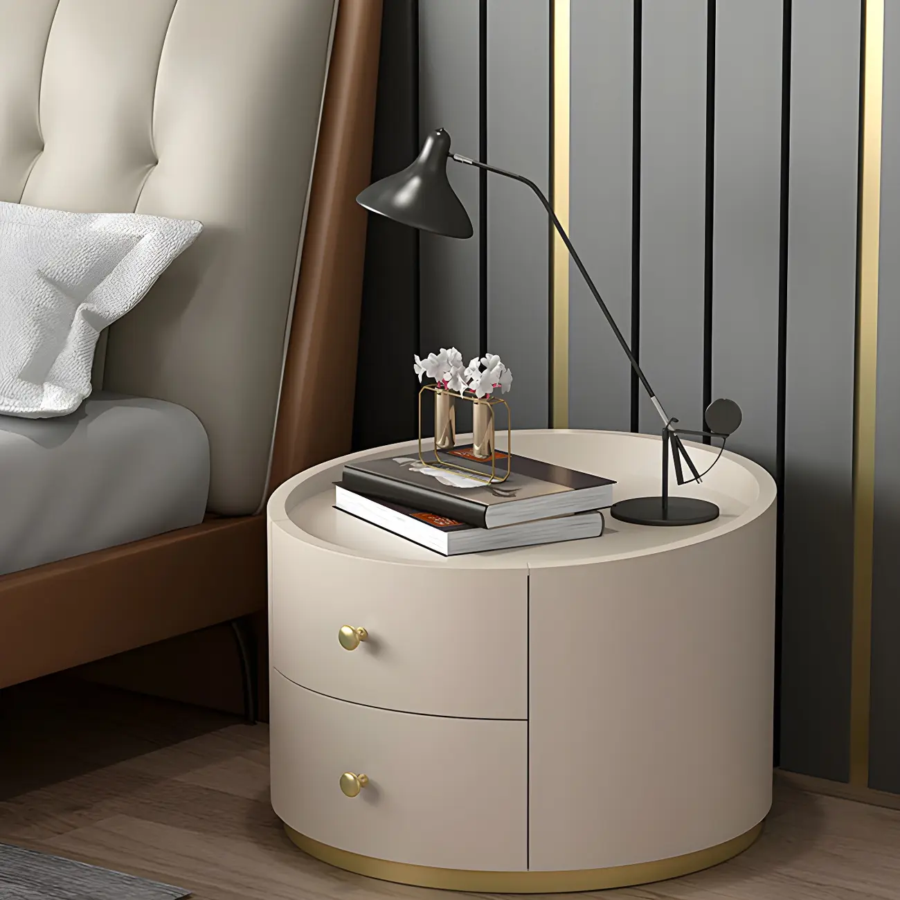 Glam Manufactured Wood Round 2-Drawer Nightstand