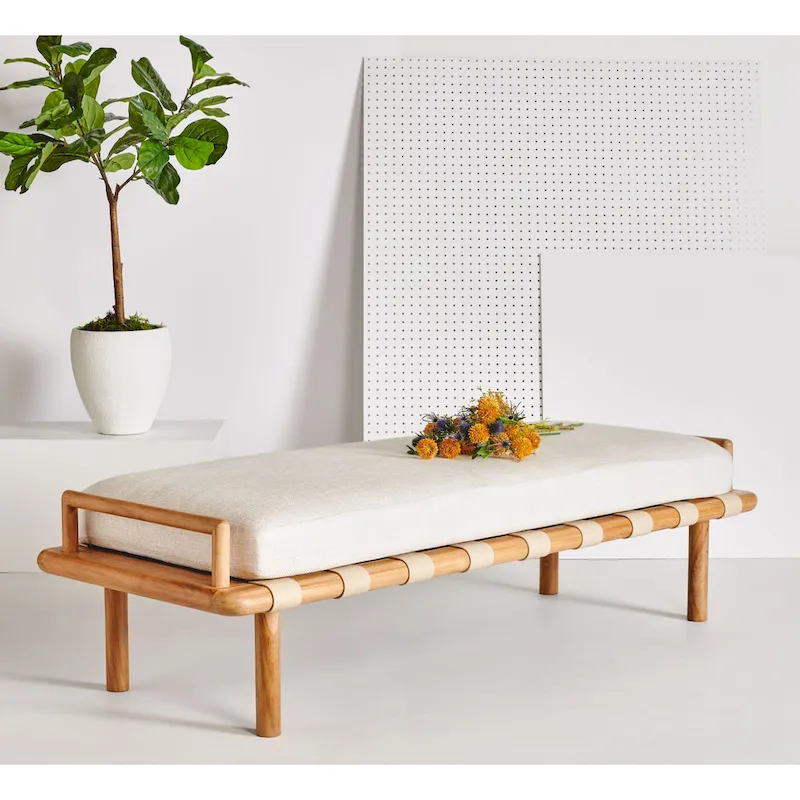 Teak Cushion Bench with Leather Weave - 70