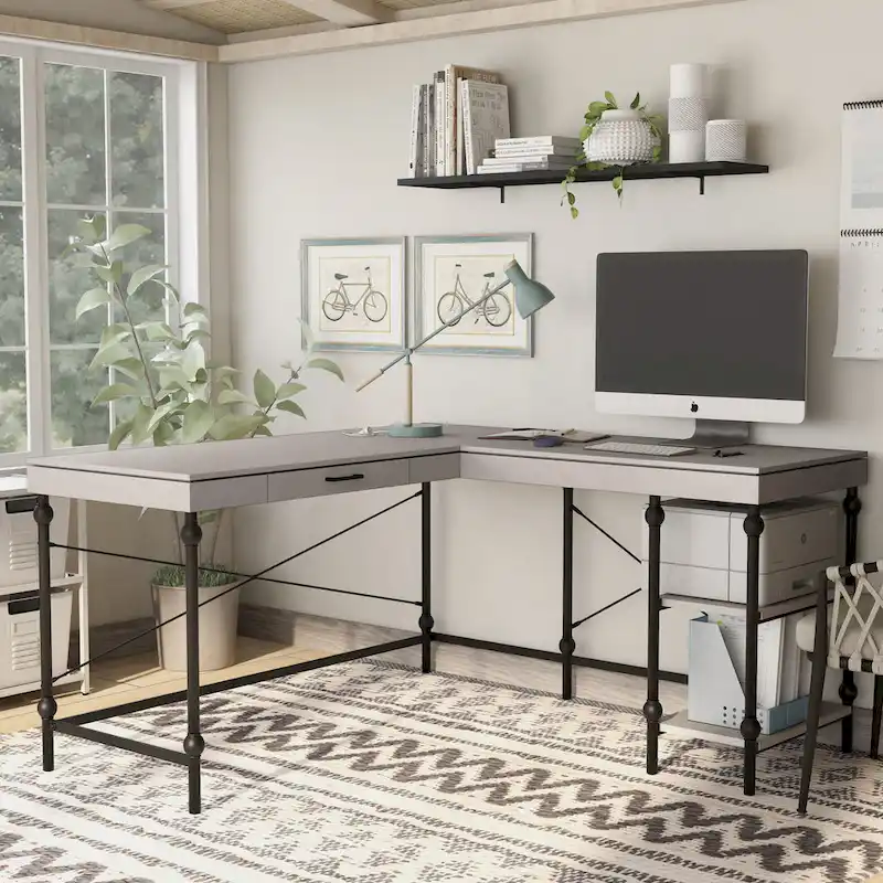 Haley Farmhouse 59-inch Metal L-Shaped Computer Desk with USBs by Furniture of America