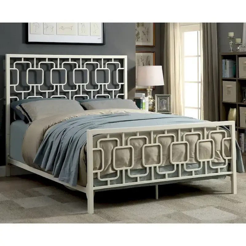Metal Geometric Panel Bed, Black/White, Cal King/King, 2-Person