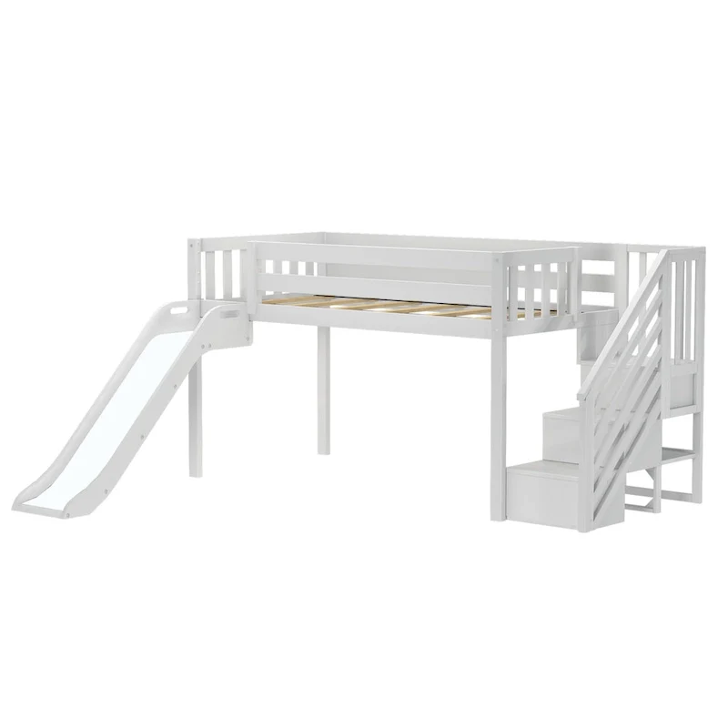 Max and Lily Classic Twin Low Loft with Stairs, Easy Slide and Curtain