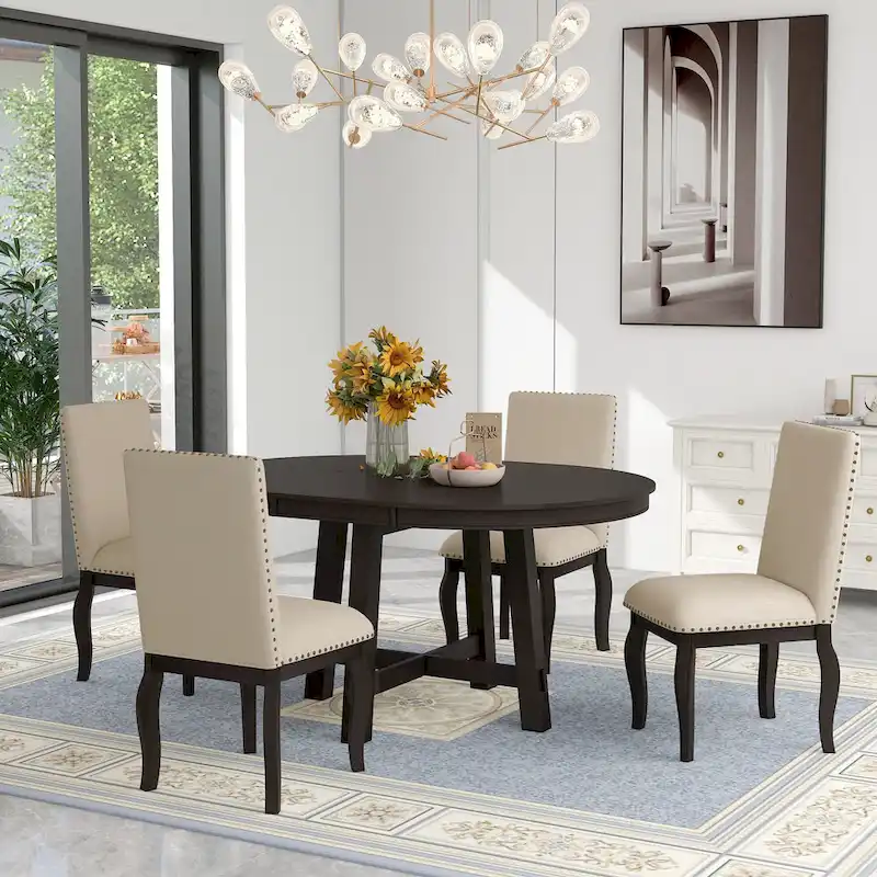 5-Piece Farmhouse Dining Table Set Wood Round Extendable Dining Table and Chair Sets with Nailheads Chairs for Dining Room