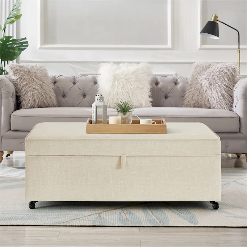Oatmeal/Ivory/Grey/Dark Gray/Black Linen Storage Ottoman Bench, 2-3 Person