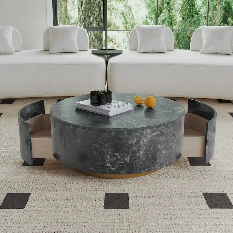 Modern Faux Marble Round Coffee Table Center Table with 2 Drawers, Fully Assembled