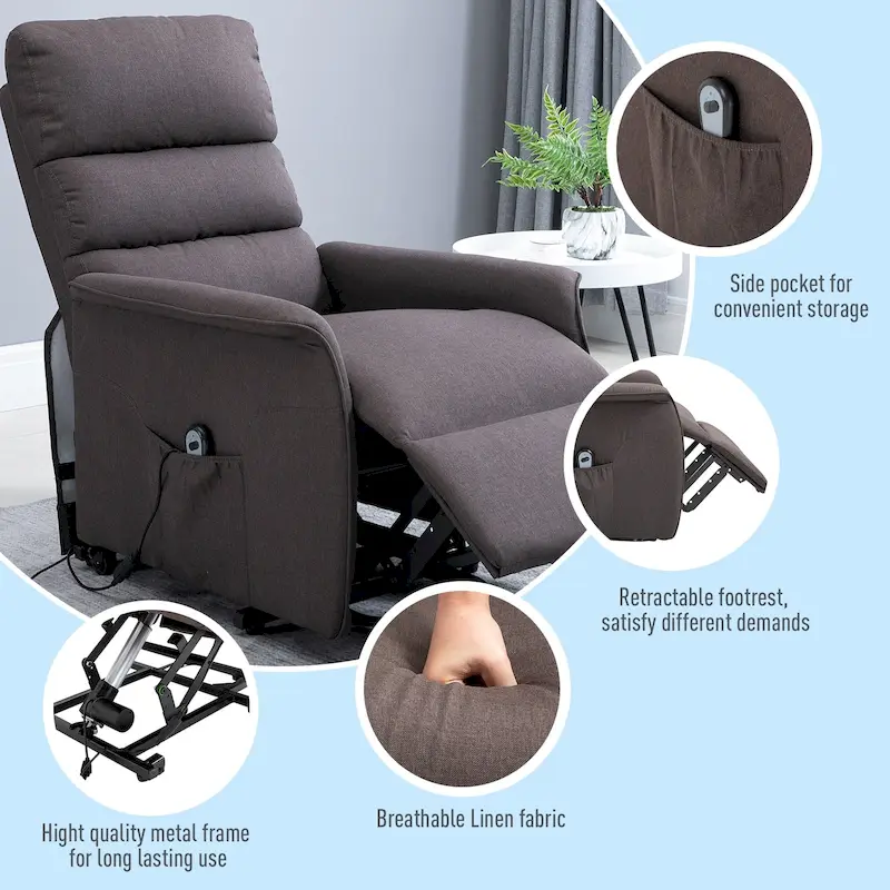 Power Lift Assist Recliner Chair with Remote Control & Linen Upholstery – Grey / Brown, Single