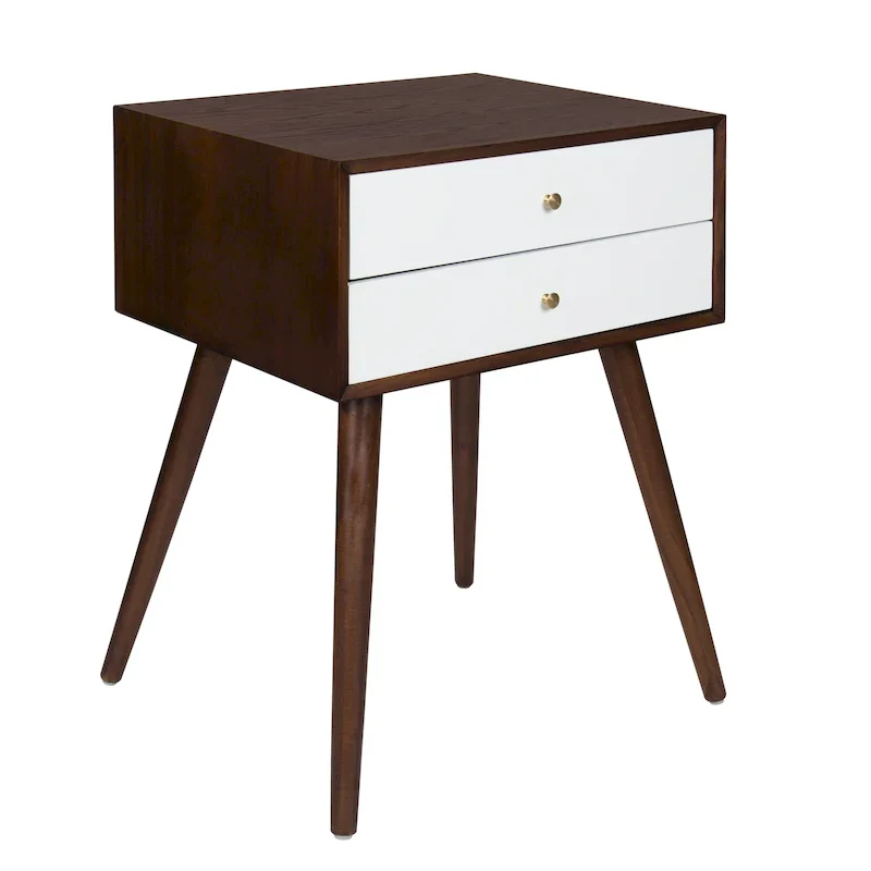 Mid-Century Nightstand, 2 Drawers, Peg Legs, Wood & Manufactured Wood, Walnut / White / Gray / Black, 1-Person Use