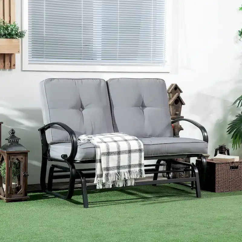 Outdoor Glider Bench, 2-Person Patio Rocker Loveseat with Tufted Cushions, Steel Frame for Porch, Garden Backyard, Gray