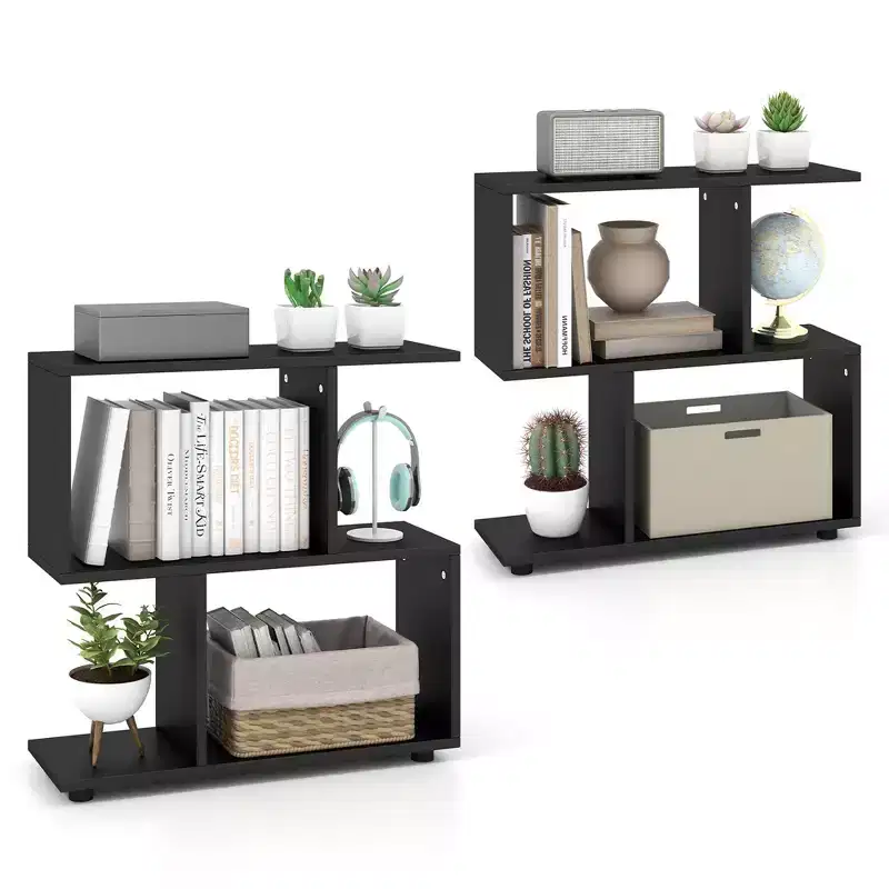 Costway 2 PCS 2-Tier Bookshelf Free Standing Wooden Display S-Shaped Shelf Storage Rack Black/Brown
