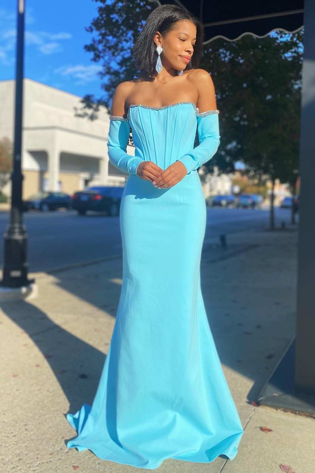Aqua Strapless Long Sleeve Mermaid Formal Dress